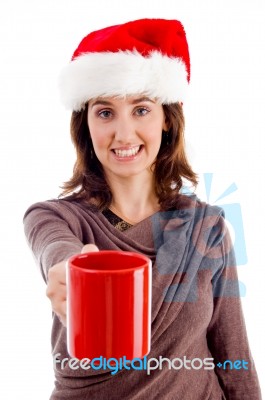  Santa Hat Woman Holding Cup Stock Photo