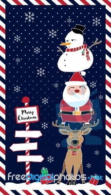 Santa Reindeer Snowman At Night Stock Image