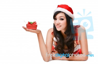 Santa Woman  Holding A Gift Box Stock Photo