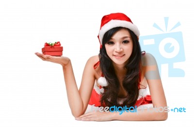 Santa Woman  Holding A Gift Box Stock Photo