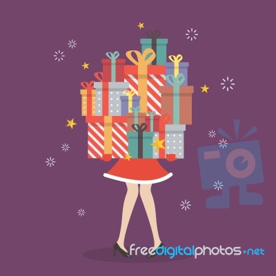 Santa Woman Holding A Pile Of Gift Boxes Stock Image