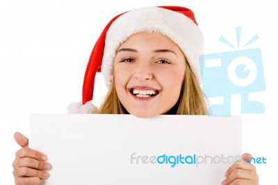 Santa Woman Holding White Board Stock Photo