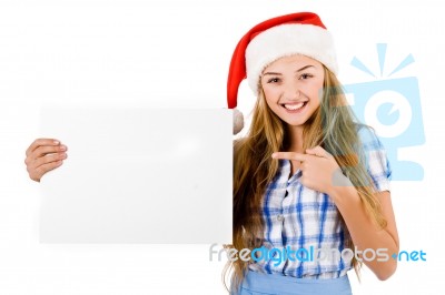 Santa Woman Pointing At Board Stock Photo