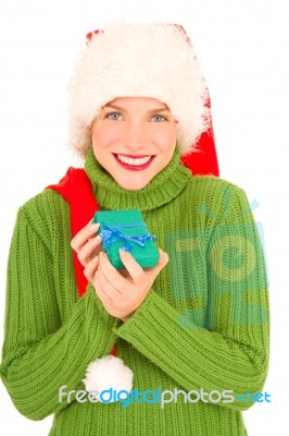 Santa Woman With Gift Stock Photo