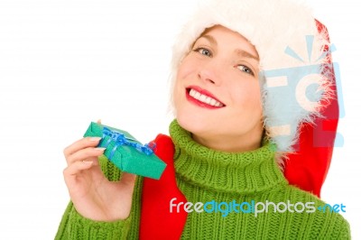 Santa Woman With Gift Stock Photo