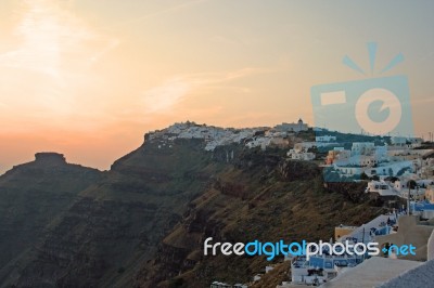 Santorini's Caldera At Sunset Stock Photo