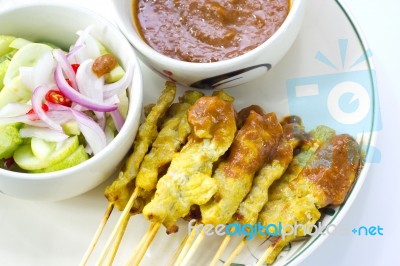 Satay Pork Grill With Sauce Stock Photo