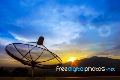 Satellite Dish And Morning Light Sky For Telecom And Broadcasting Background,backdrop Stock Photo