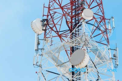 Satellite Dish Telecom Tower On Blue Sky Background Stock Photo