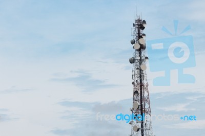 Satellite Dish Telecom Tower On Morning Sky Stock Photo