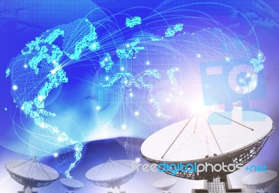 Satellite Dish With Blue Theme Of World Connecting Technology Us… Stock Photo