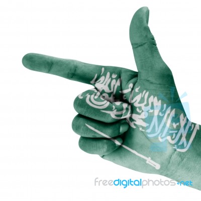 Saudi Arabia Flag On Hand Stock Photo