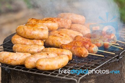 Sausage Grilling Stock Photo