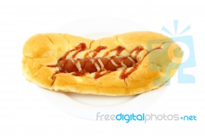 Sausage Salad Cream And Ketchup Bread On White Background Stock Photo