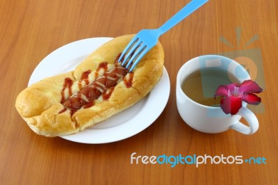 Sausage Salad Cream And Ketchup On Breaking Time Stock Photo