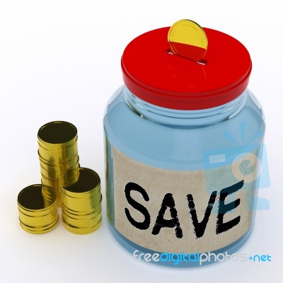 Save Jar Means Saving And Reserving Money Stock Image