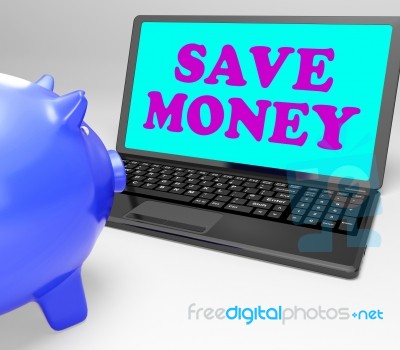 Save Money Laptop Shows Spare Cash And Savings Stock Image