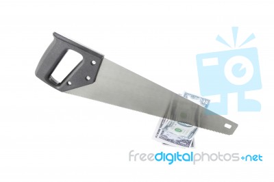 Saw Black Plastic Handle Cut Cash On White Background Stock Photo