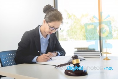 Scales Of Justice And Follow The Law. Professional Lawyer Busine… Stock Photo