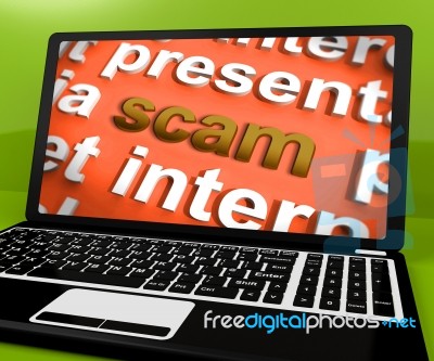 Scam Laptop Shows Scheming Theft Deceit And Fraud Online Stock Image