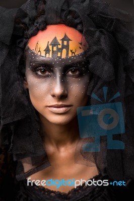 Scary Halloween Bride With Concept Scary Makeup Stock Photo