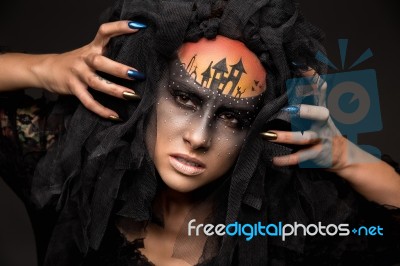 Scary Halloween Bride With Concept Scary Makeup Stock Photo