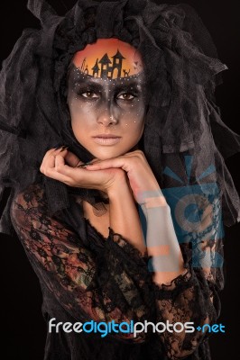 Scary Halloween Bride With Concept Scary Makeup Stock Photo