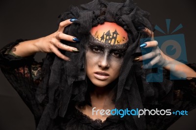 Scary Halloween Bride With Concept Scary Makeup Stock Photo