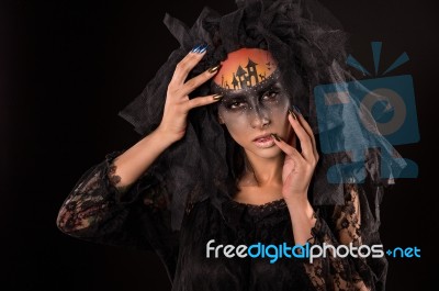 Scary Halloween Bride With Concept Scary Makeup Stock Photo