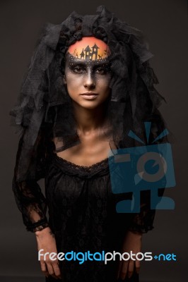 Scary Halloween Bride With Concept Scary Makeup Stock Photo