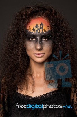 Scary Halloween Bride With Concept Scary Makeup Stock Photo