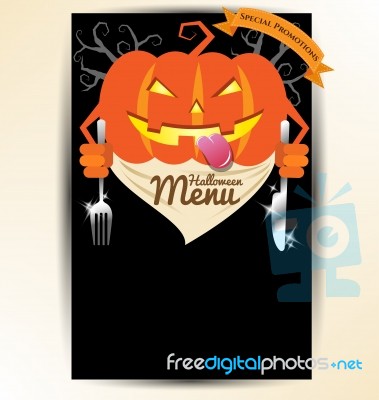 Scary Pumpkin Holding Spoon And Knives For Halloween Menu Stock Image