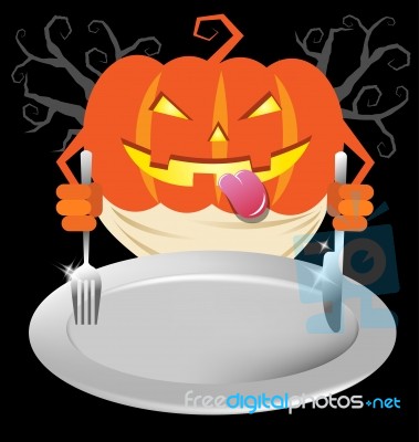 Scary Pumpkin Holding Spoon And Knives For Halloween Menu Stock Image