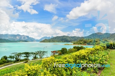 Scenic Point Of Green Lake At Ratchaprapha Dam Stock Photo