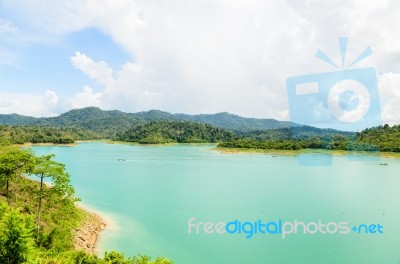 Scenic Point Of Green Lake At Ratchaprapha Dam Stock Photo