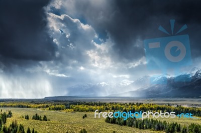 Scenic View Of The Grand Teton National Park Stock Photo