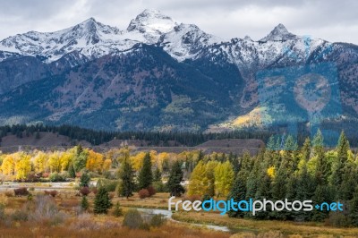 Scenic View Of The Grand Teton National Park Stock Photo