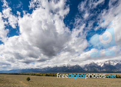 Scenic View Of The Grand Teton National Park Stock Photo