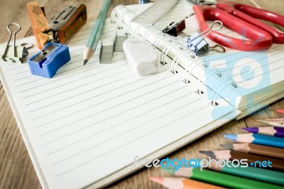 School And Office Supplies On Wood Background. Back To School Stock Photo