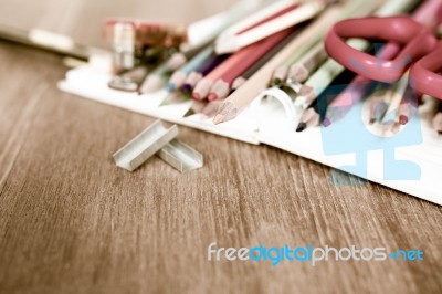 School And Office Supplies On Wood Background. Back To School. Vintage Style Stock Photo