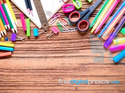 School And Office Supplies With Notebook ,over Office Table. Top… Stock Photo