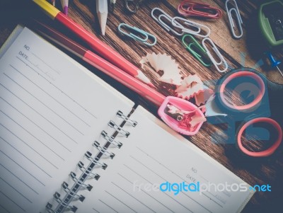 School And Office Supplies With Notebook ,over Office Table. Top… Stock Photo