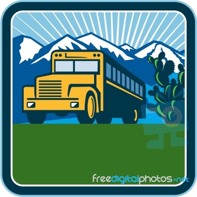 School Bus Cactus Mountains Square Retro Stock Image