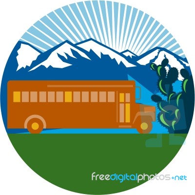 School Bus Vintage Cactus Mountains Circle Retro Stock Image