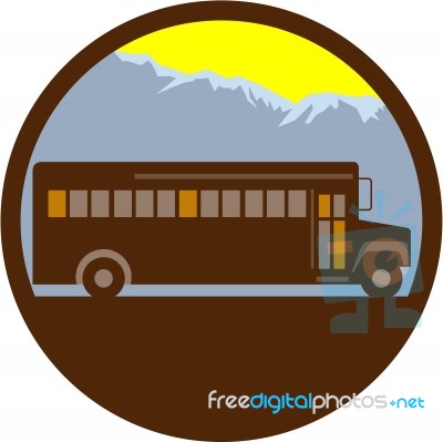 School Bus Vintage Mountains Circle Retro Stock Image