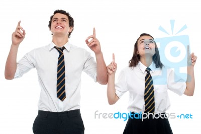 School Friends Pointing Up Stock Photo