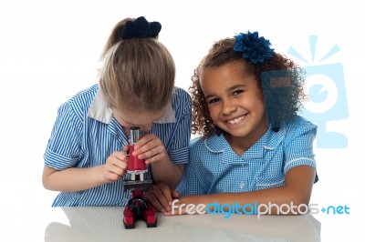 School Girls Using A Microscope In Lab Stock Photo