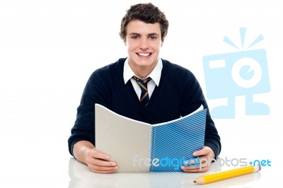 Schoolboy Holding Notebook Stock Photo