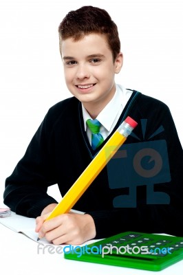 Schoolboy Writing on notebook Stock Photo