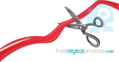 Scissors Cutting Red Ribbon Stock Image